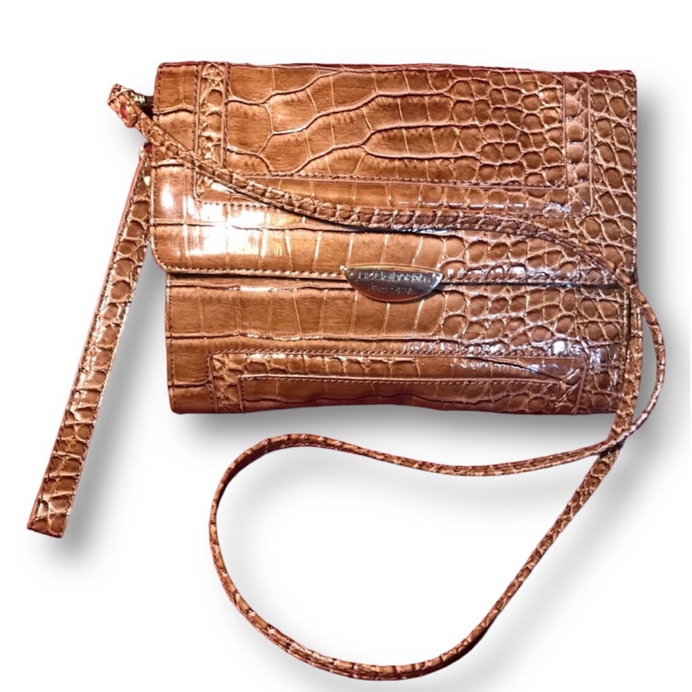 Liz Claiborne Chocolate Brown Faux Alligator Gold Tone Hardware Crossbody Clutch